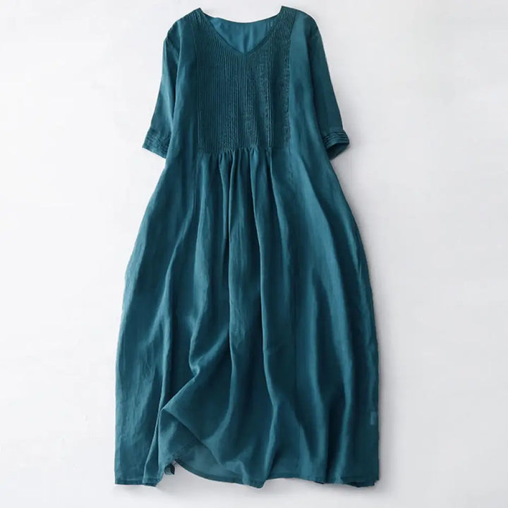 Buddha Stones Casual Accordion Pleat Plain V-neck Short Sleeve Cotton Midi Dress With Pockets - SteelBlue