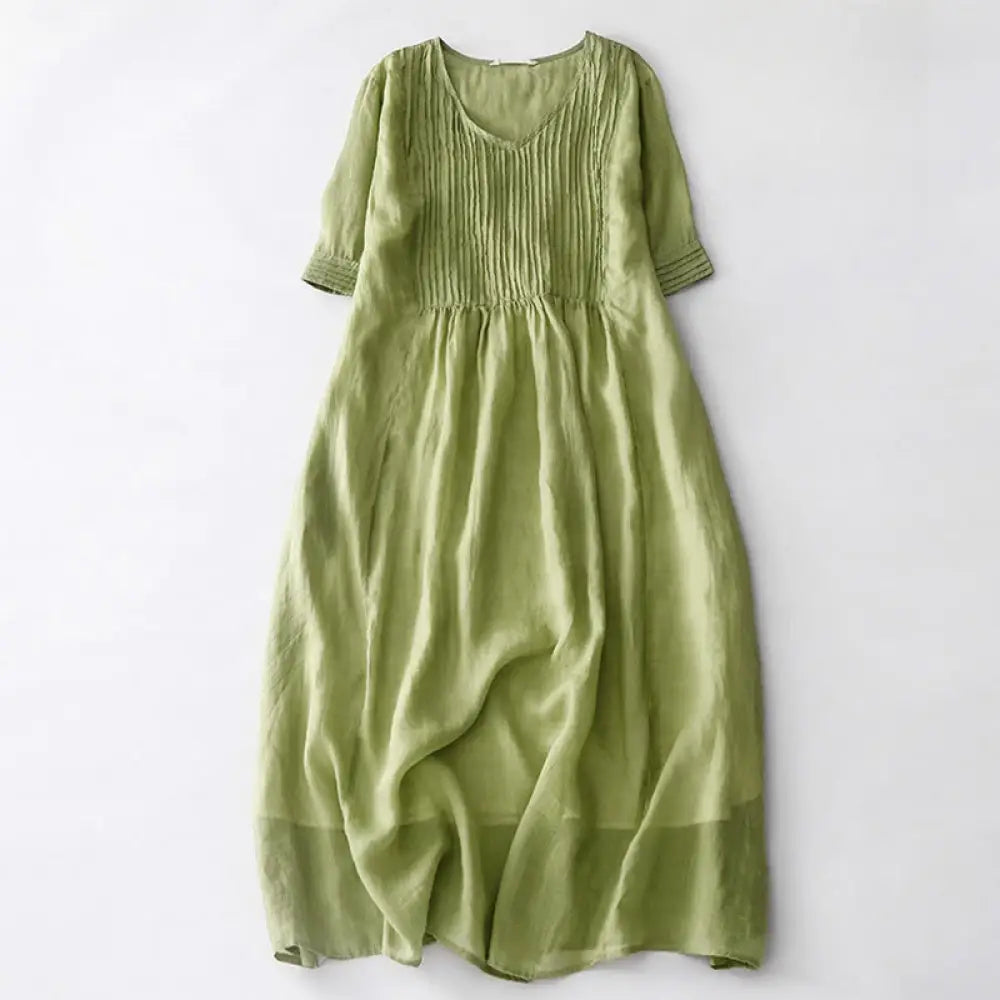 Buddha Stones Casual Accordion Pleat Plain V-neck Short Sleeve Cotton Midi Dress With Pockets - YellowGreen
