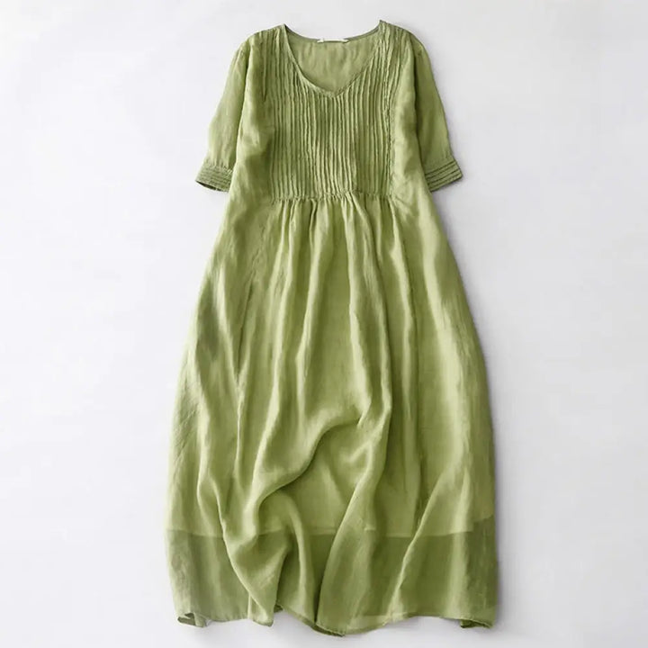 Buddha Stones Casual Accordion Pleat Plain V-neck Short Sleeve Cotton Midi Dress With Pockets - YellowGreen