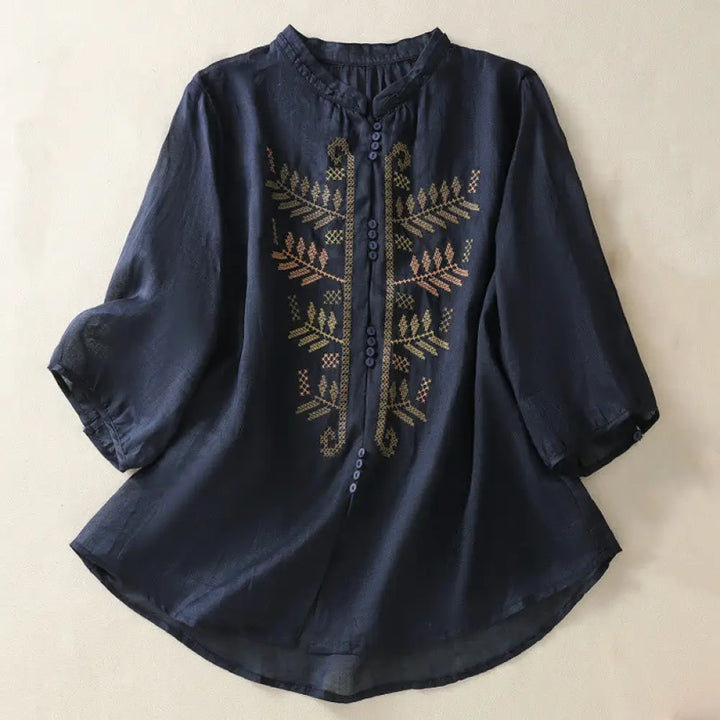 Buddha Stones Casual Artistic Embroidery Leaves Pattern Women’s Cotton Linen Three Quarter Sleeve Shirt Cardigan