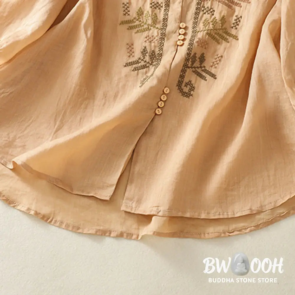 Buddha Stones Casual Artistic Embroidery Leaves Pattern Women’s Cotton Linen Three Quarter Sleeve Shirt Cardigan