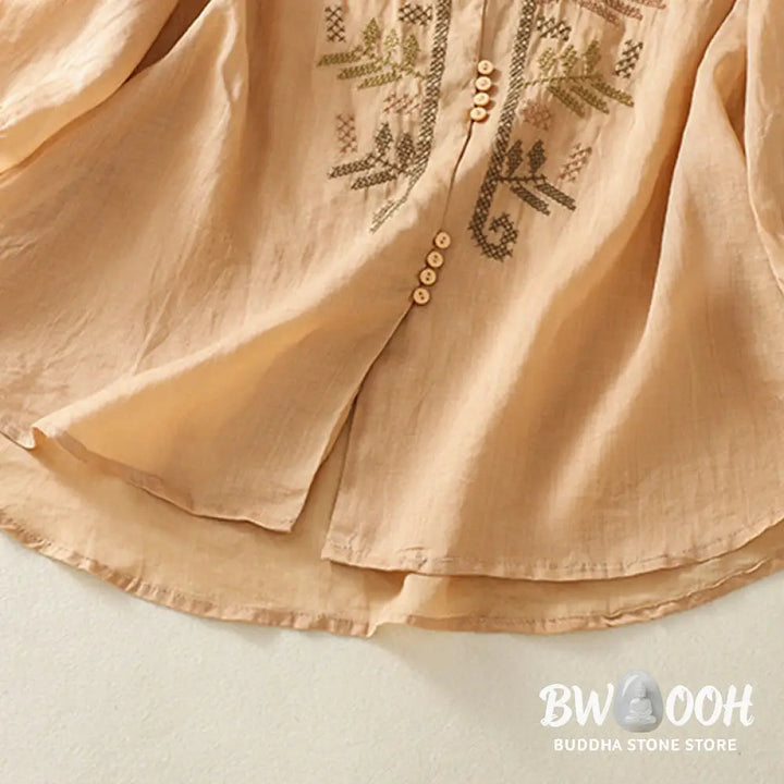 Buddha Stones Casual Artistic Embroidery Leaves Pattern Women’s Cotton Linen Three Quarter Sleeve Shirt Cardigan
