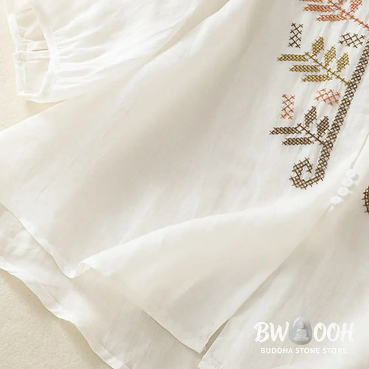 Buddha Stones Casual Artistic Embroidery Leaves Pattern Women’s Cotton Linen Three Quarter Sleeve Shirt Cardigan