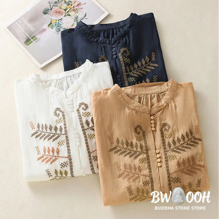 Buddha Stones Casual Artistic Embroidery Leaves Pattern Women’s Cotton Linen Three Quarter Sleeve Shirt Cardigan