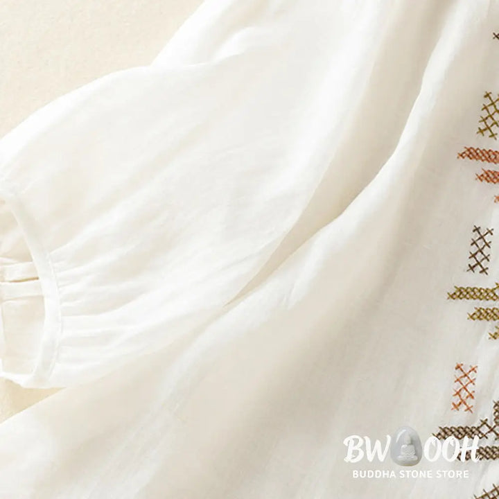 Buddha Stones Casual Artistic Embroidery Leaves Pattern Women’s Cotton Linen Three Quarter Sleeve Shirt Cardigan