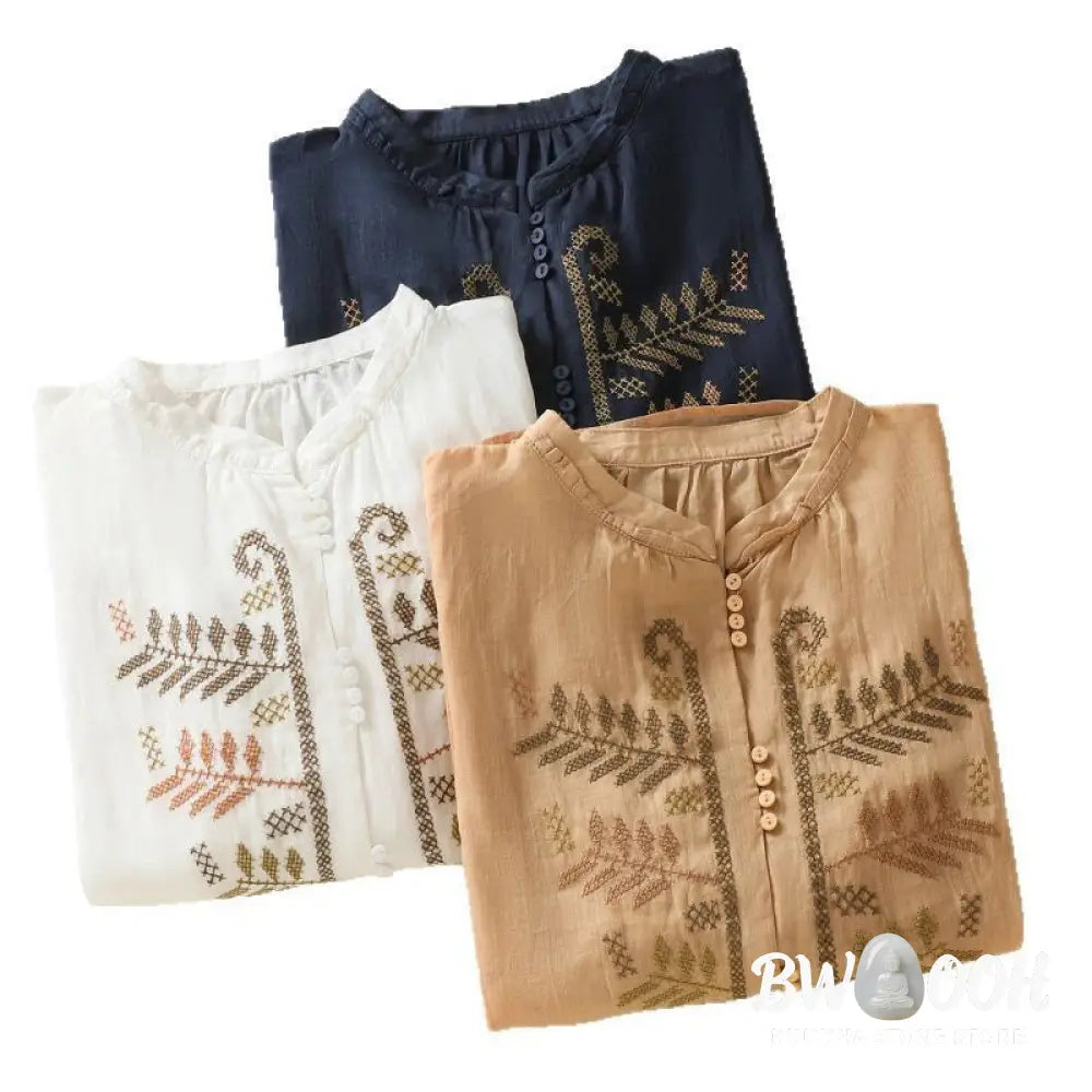 Buddha Stones Casual Artistic Embroidery Leaves Pattern Women’s Cotton Linen Three Quarter Sleeve Shirt Cardigan
