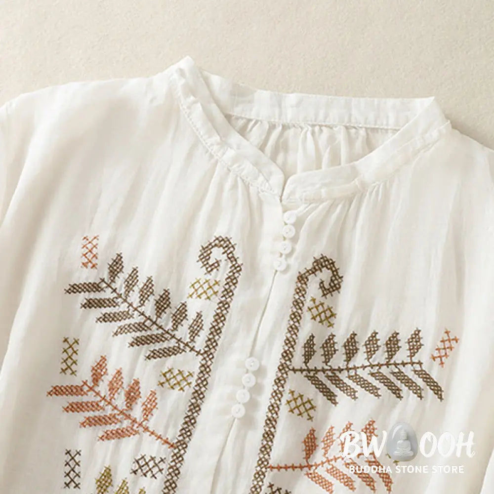 Buddha Stones Casual Artistic Embroidery Leaves Pattern Women’s Cotton Linen Three Quarter Sleeve Shirt Cardigan