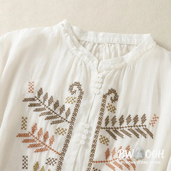 Buddha Stones Casual Artistic Embroidery Leaves Pattern Women’s Cotton Linen Three Quarter Sleeve Shirt Cardigan