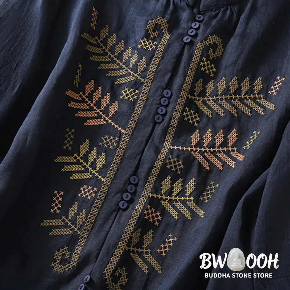 Buddha Stones Casual Artistic Embroidery Leaves Pattern Women’s Cotton Linen Three Quarter Sleeve Shirt Cardigan