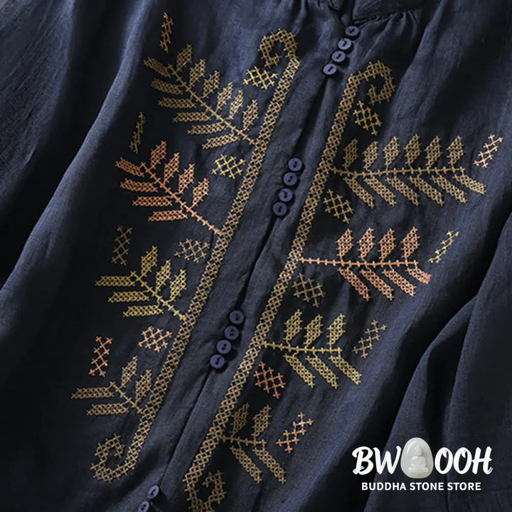 Buddha Stones Casual Artistic Embroidery Leaves Pattern Women’s Cotton Linen Three Quarter Sleeve Shirt Cardigan