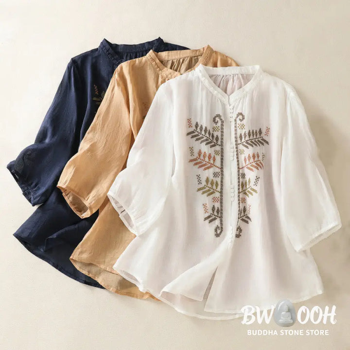 Buddha Stones Casual Artistic Embroidery Leaves Pattern Women’s Cotton Linen Three Quarter Sleeve Shirt Cardigan