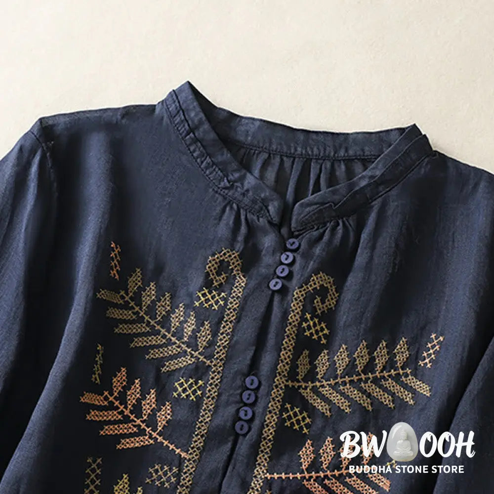 Buddha Stones Casual Artistic Embroidery Leaves Pattern Women’s Cotton Linen Three Quarter Sleeve Shirt Cardigan