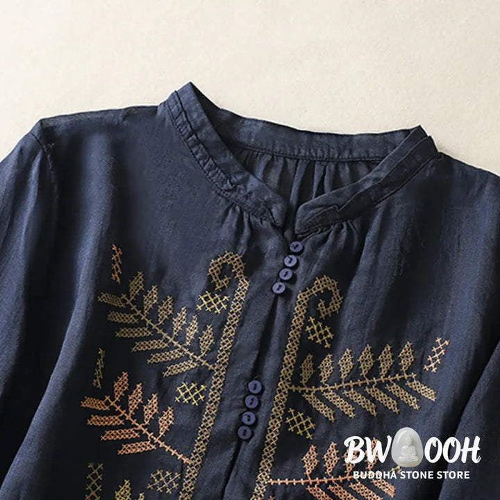 Buddha Stones Casual Artistic Embroidery Leaves Pattern Women’s Cotton Linen Three Quarter Sleeve Shirt Cardigan