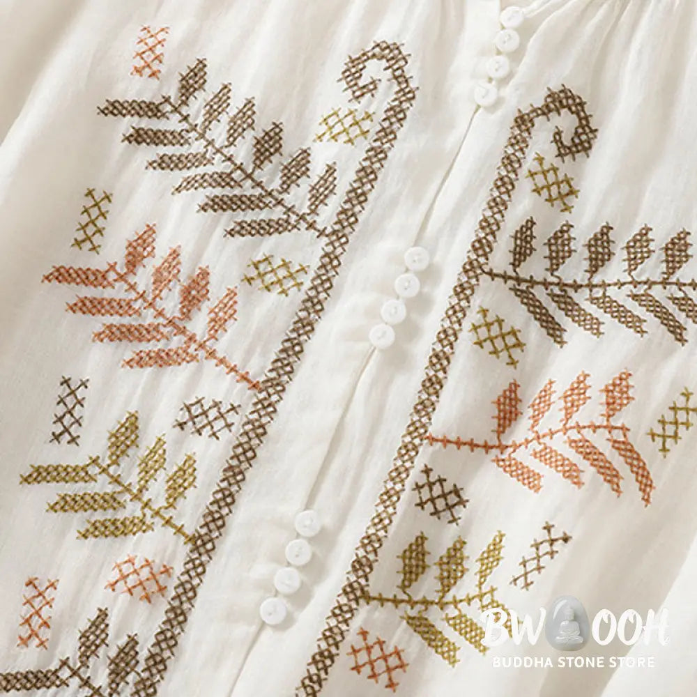 Buddha Stones Casual Artistic Embroidery Leaves Pattern Women’s Cotton Linen Three Quarter Sleeve Shirt Cardigan