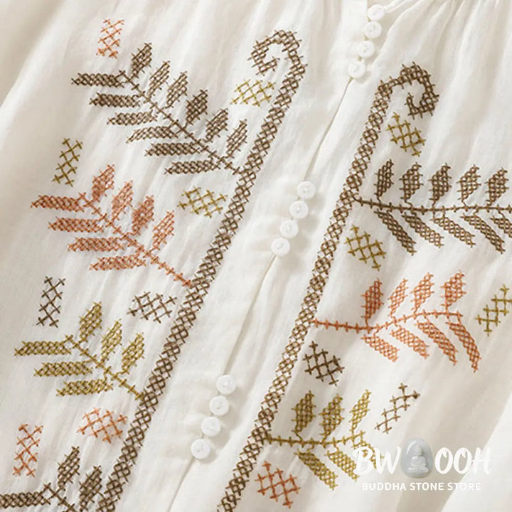 Buddha Stones Casual Artistic Embroidery Leaves Pattern Women’s Cotton Linen Three Quarter Sleeve Shirt Cardigan