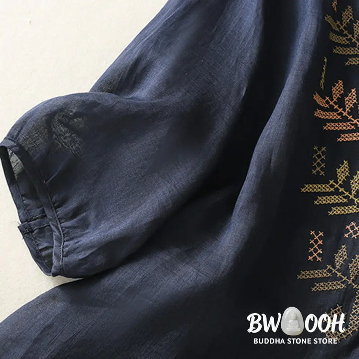 Buddha Stones Casual Artistic Embroidery Leaves Pattern Women’s Cotton Linen Three Quarter Sleeve Shirt Cardigan