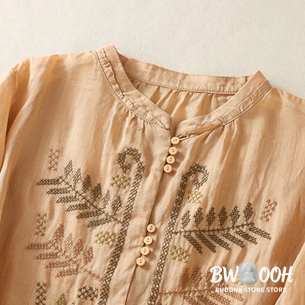 Buddha Stones Casual Artistic Embroidery Leaves Pattern Women’s Cotton Linen Three Quarter Sleeve Shirt Cardigan