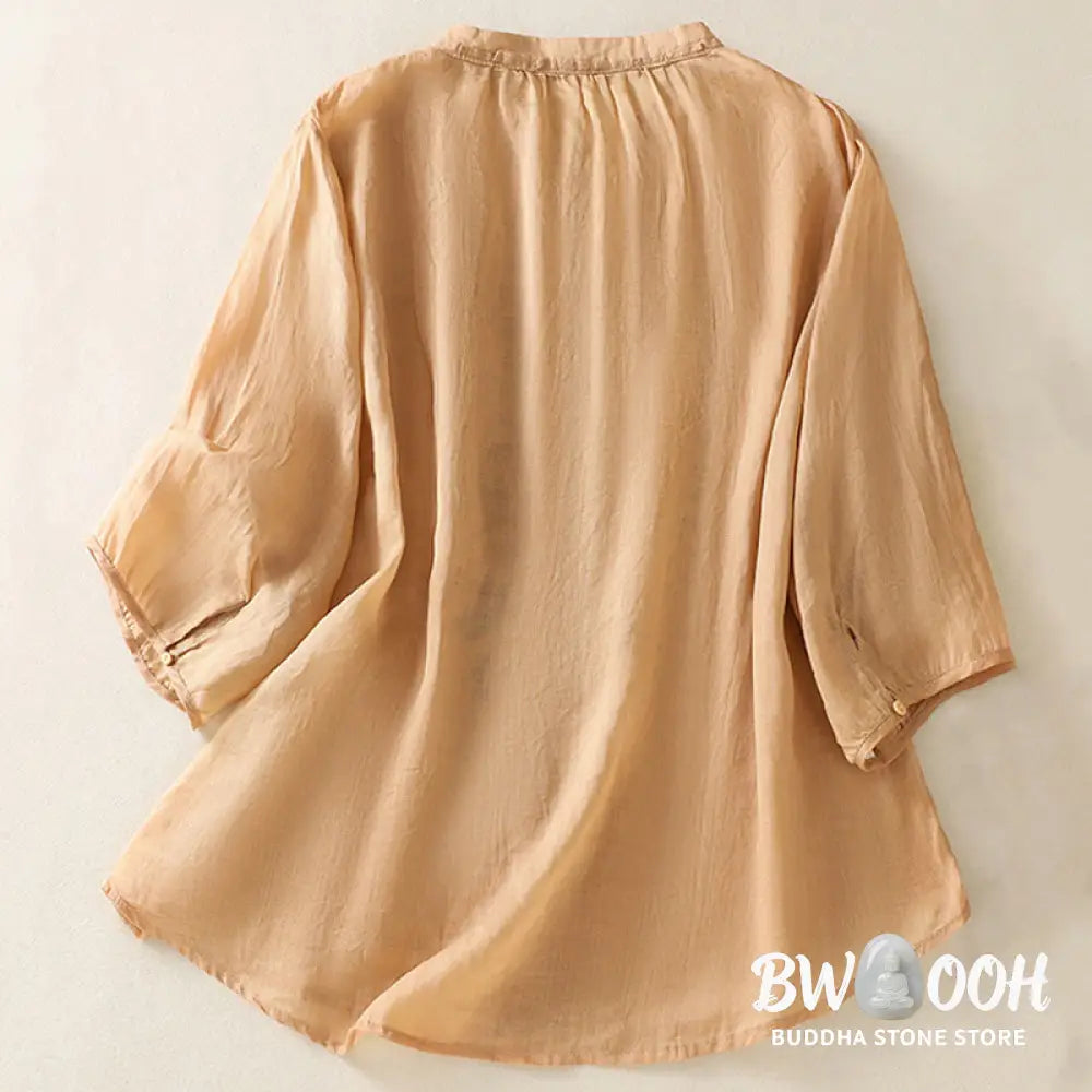 Buddha Stones Casual Artistic Embroidery Leaves Pattern Women’s Cotton Linen Three Quarter Sleeve Shirt Cardigan