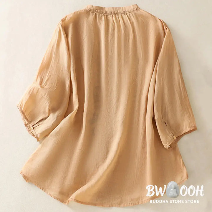 Buddha Stones Casual Artistic Embroidery Leaves Pattern Women’s Cotton Linen Three Quarter Sleeve Shirt Cardigan
