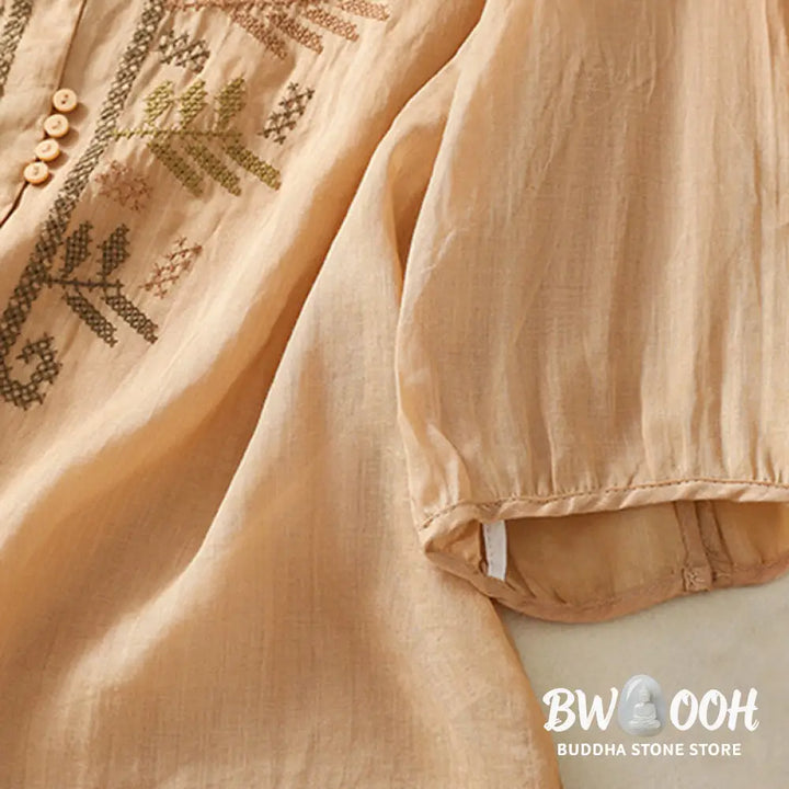 Buddha Stones Casual Artistic Embroidery Leaves Pattern Women’s Cotton Linen Three Quarter Sleeve Shirt Cardigan