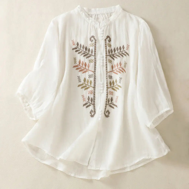 Buddha Stones Casual Artistic Embroidery Leaves Pattern Women’s Cotton Linen Three Quarter Sleeve Shirt Cardigan