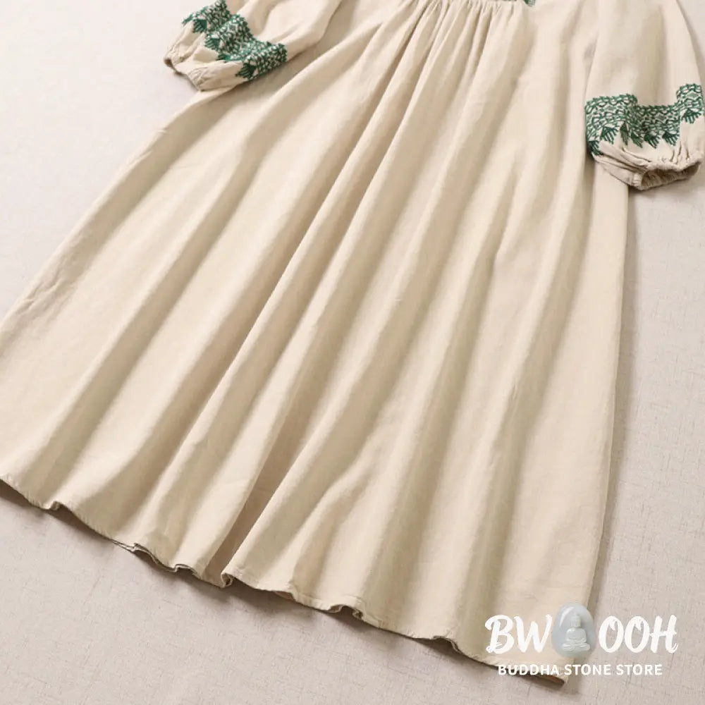 Buddha Stones Casual Artistic Geometric Embroidery Button Front Long Lantern Sleeve Cotton Linen Midi Dress - Midi Dress