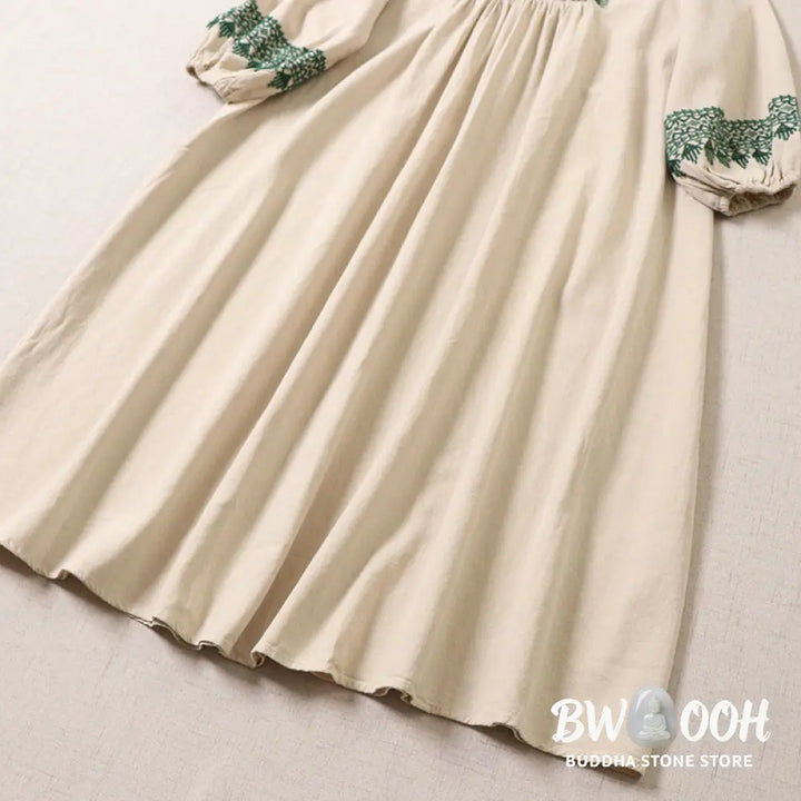 Buddha Stones Casual Artistic Geometric Embroidery Button Front Long Lantern Sleeve Cotton Linen Midi Dress - Midi Dress