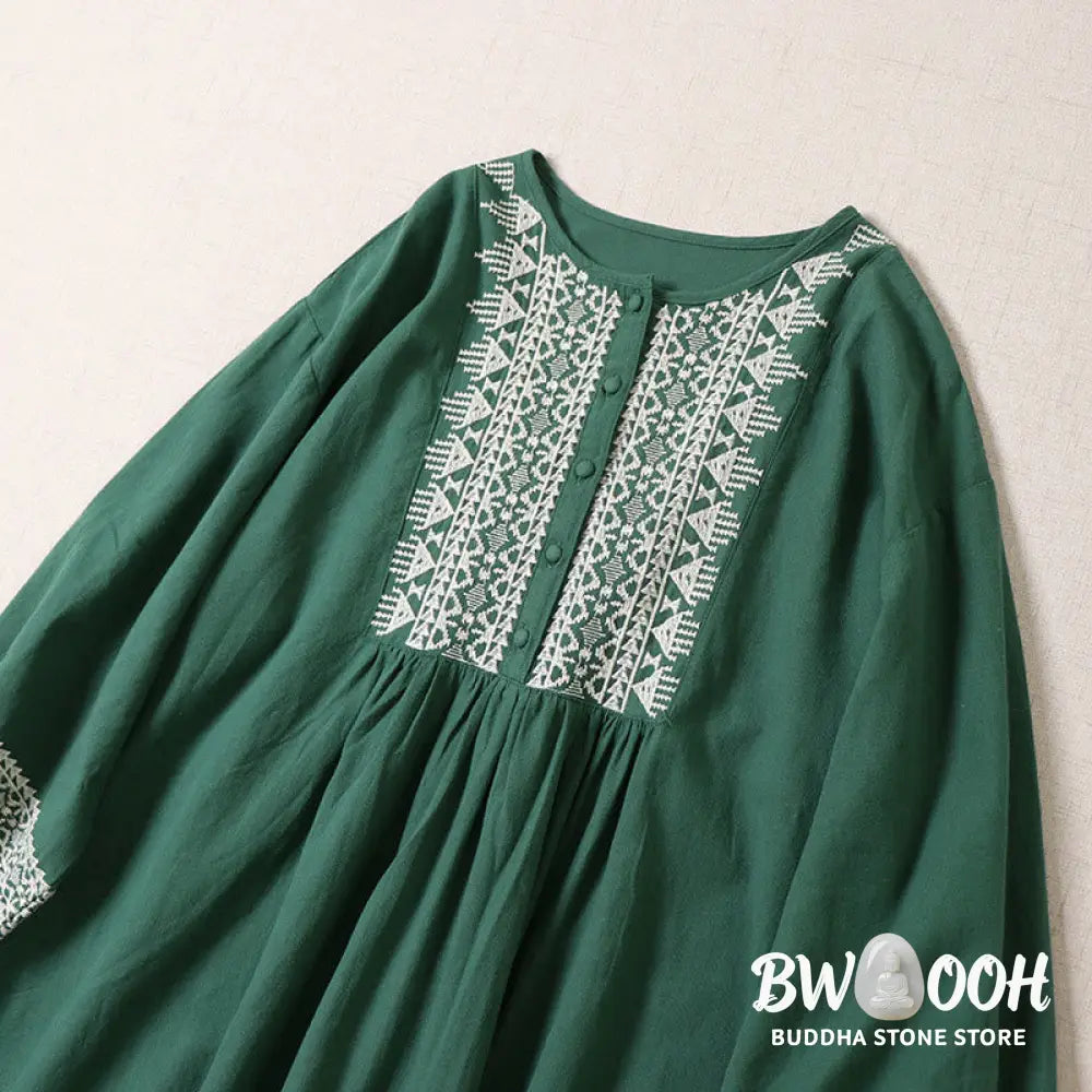 Buddha Stones Casual Artistic Geometric Embroidery Button Front Long Lantern Sleeve Cotton Linen Midi Dress - Midi Dress