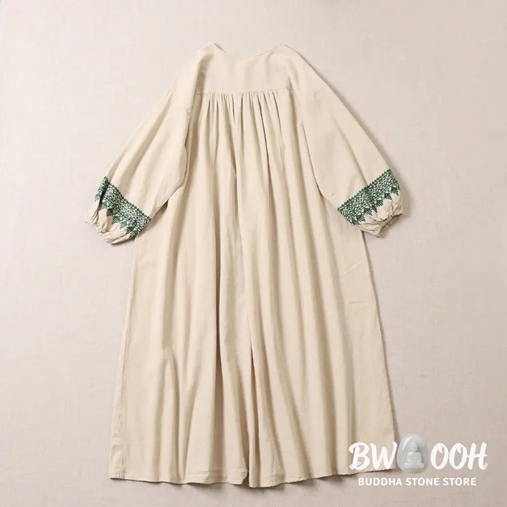Buddha Stones Casual Artistic Geometric Embroidery Button Front Long Lantern Sleeve Cotton Linen Midi Dress - Midi Dress