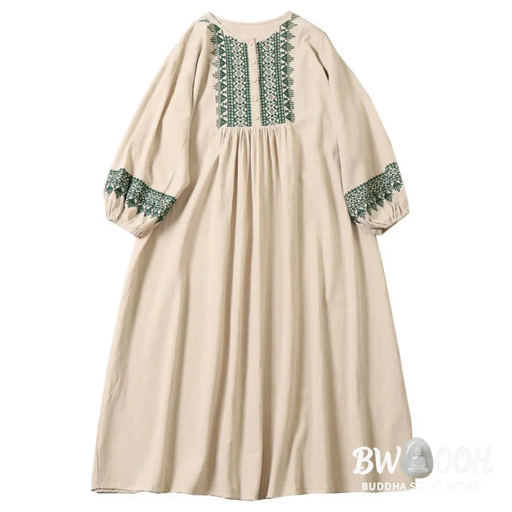 Buddha Stones Casual Artistic Geometric Embroidery Button Front Long Lantern Sleeve Cotton Linen Midi Dress - Midi Dress
