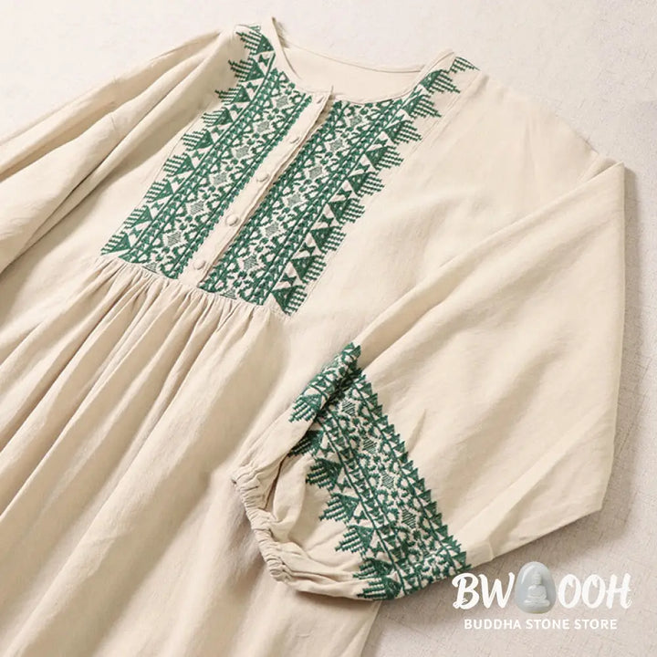Buddha Stones Casual Artistic Geometric Embroidery Button Front Long Lantern Sleeve Cotton Linen Midi Dress - Midi Dress