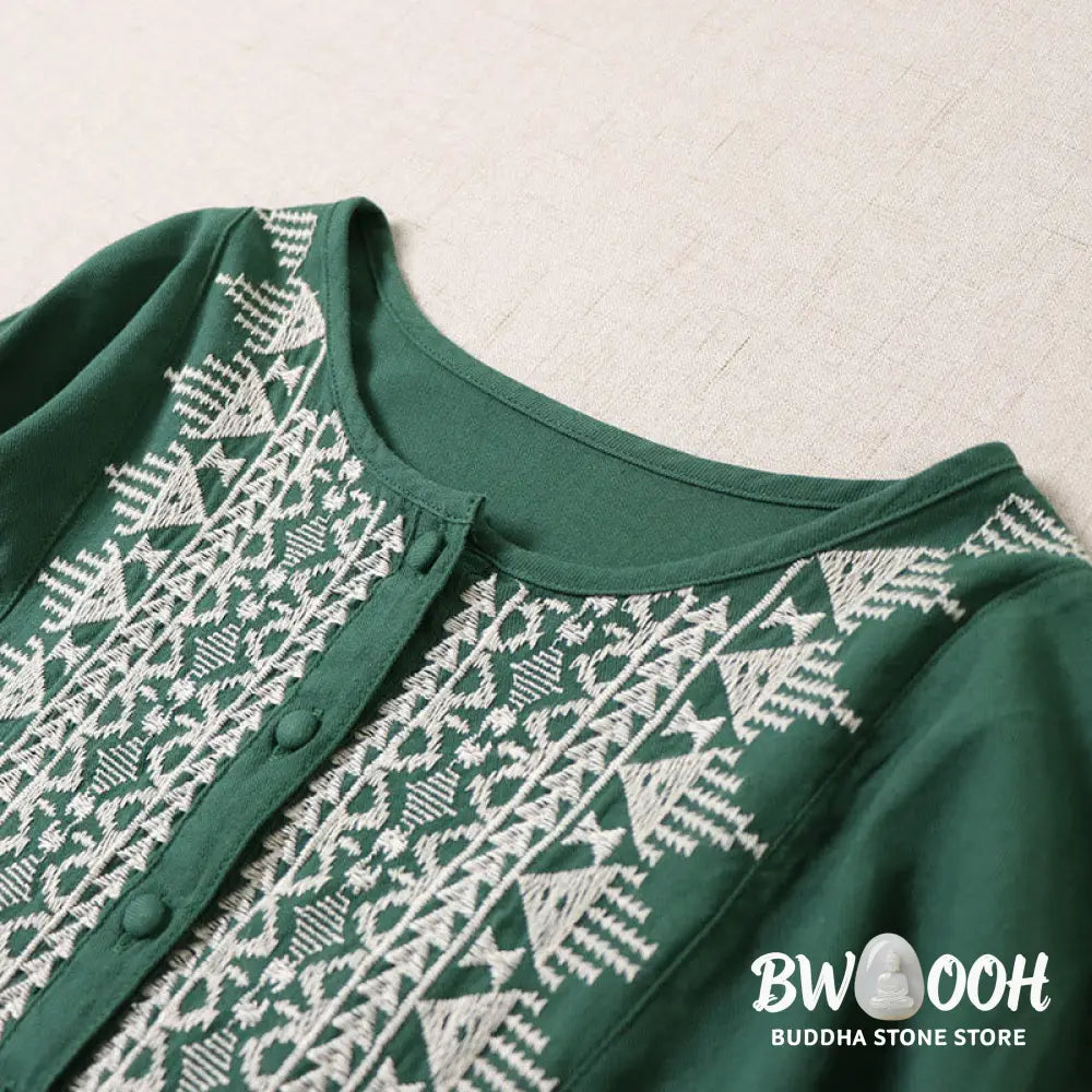 Buddha Stones Casual Artistic Geometric Embroidery Button Front Long Lantern Sleeve Cotton Linen Midi Dress - Midi Dress
