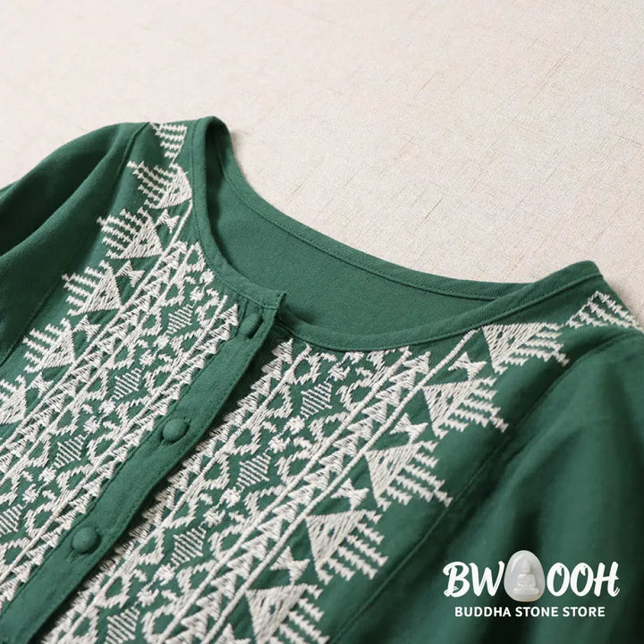 Buddha Stones Casual Artistic Geometric Embroidery Button Front Long Lantern Sleeve Cotton Linen Midi Dress - Midi Dress