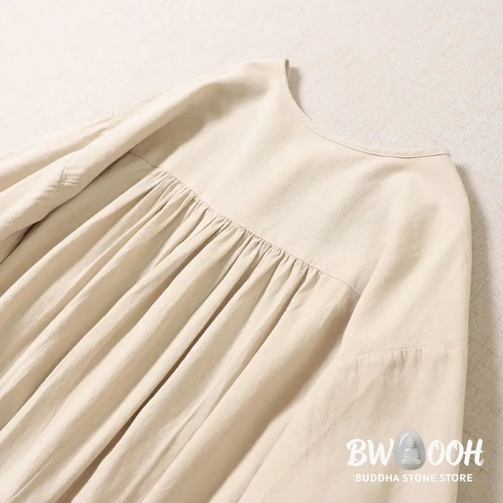 Buddha Stones Casual Artistic Geometric Embroidery Button Front Long Lantern Sleeve Cotton Linen Midi Dress - Midi Dress
