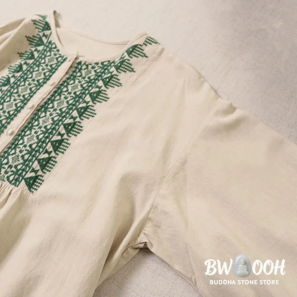 Buddha Stones Casual Artistic Geometric Embroidery Button Front Long Lantern Sleeve Cotton Linen Midi Dress - Midi Dress
