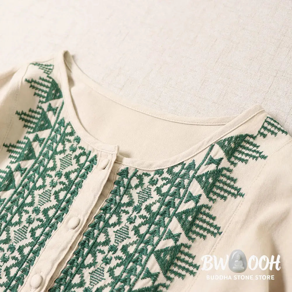 Buddha Stones Casual Artistic Geometric Embroidery Button Front Long Lantern Sleeve Cotton Linen Midi Dress - Midi Dress