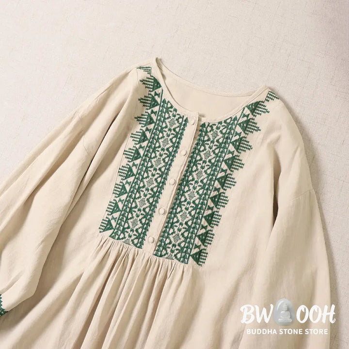 Buddha Stones Casual Artistic Geometric Embroidery Button Front Long Lantern Sleeve Cotton Linen Midi Dress - Midi Dress