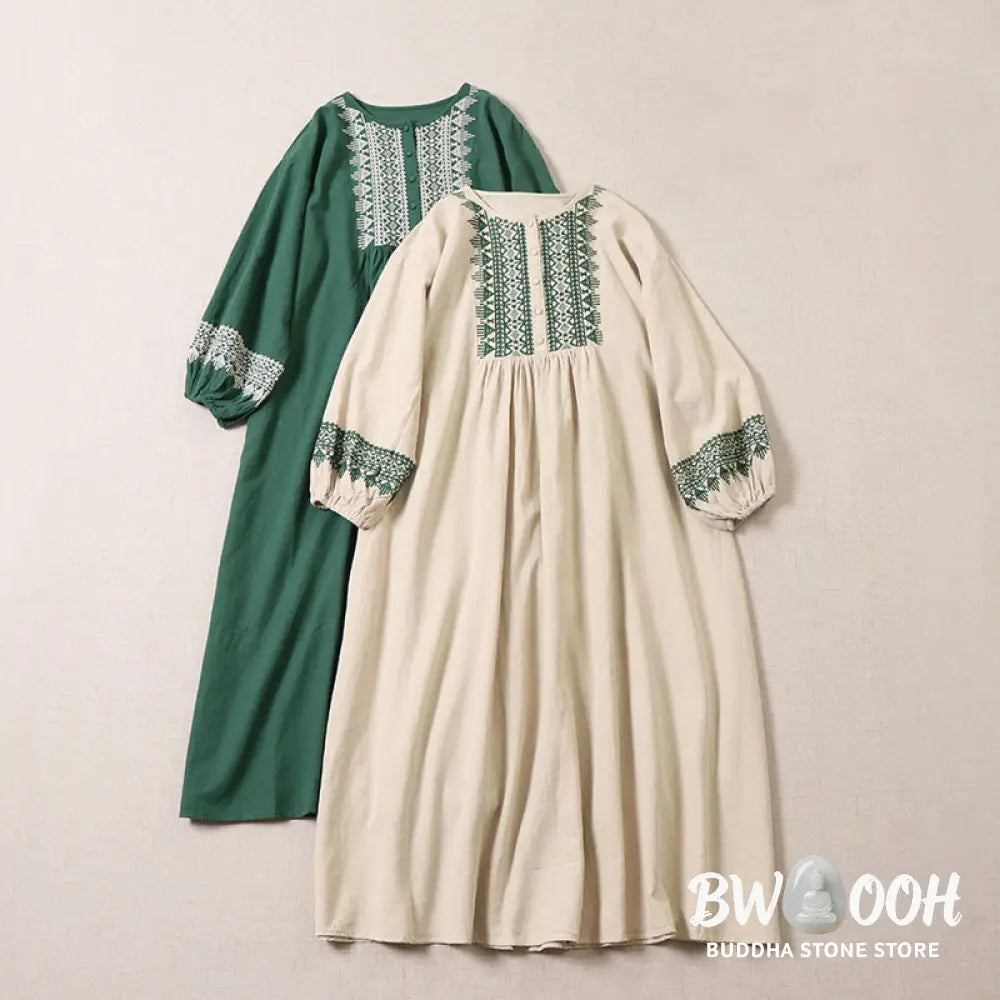 Buddha Stones Casual Artistic Geometric Embroidery Button Front Long Lantern Sleeve Cotton Linen Midi Dress - Midi Dress