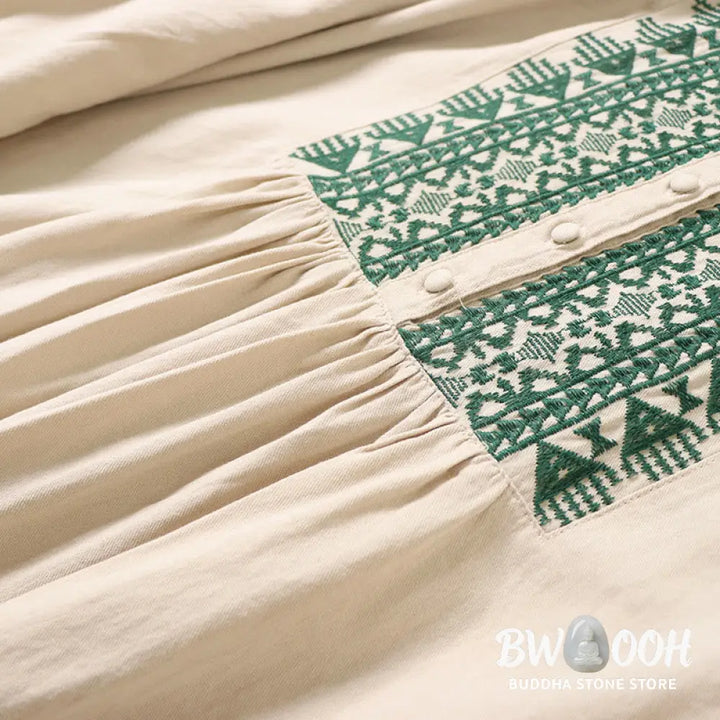 Buddha Stones Casual Artistic Geometric Embroidery Button Front Long Lantern Sleeve Cotton Linen Midi Dress - Midi Dress