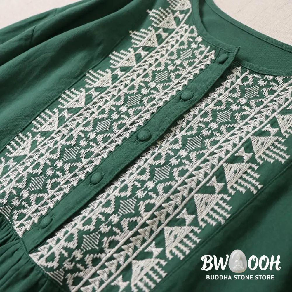 Buddha Stones Casual Artistic Geometric Embroidery Button Front Long Lantern Sleeve Cotton Linen Midi Dress - Midi Dress