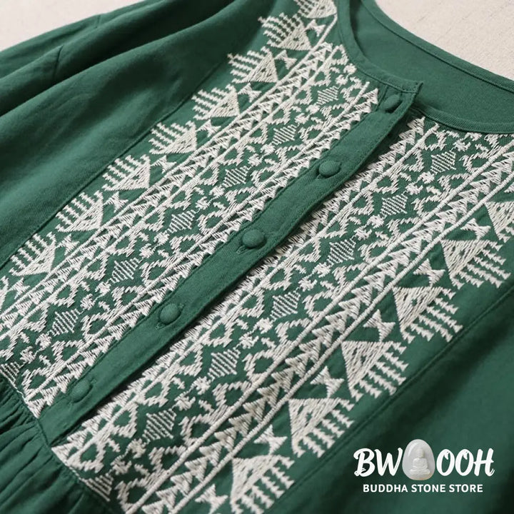 Buddha Stones Casual Artistic Geometric Embroidery Button Front Long Lantern Sleeve Cotton Linen Midi Dress - Midi Dress