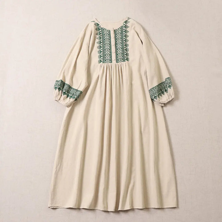 Buddha Stones Casual Artistic Geometric Embroidery Button Front Long Lantern Sleeve Cotton Linen Midi Dress - Beige