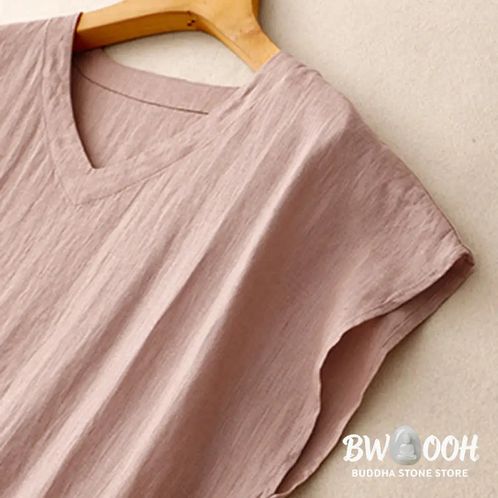 Buddha Stones Casual Artistic Solid Color Simple Design High Waist Short Sleeve Cotton Linen Midi Dress With Pockets