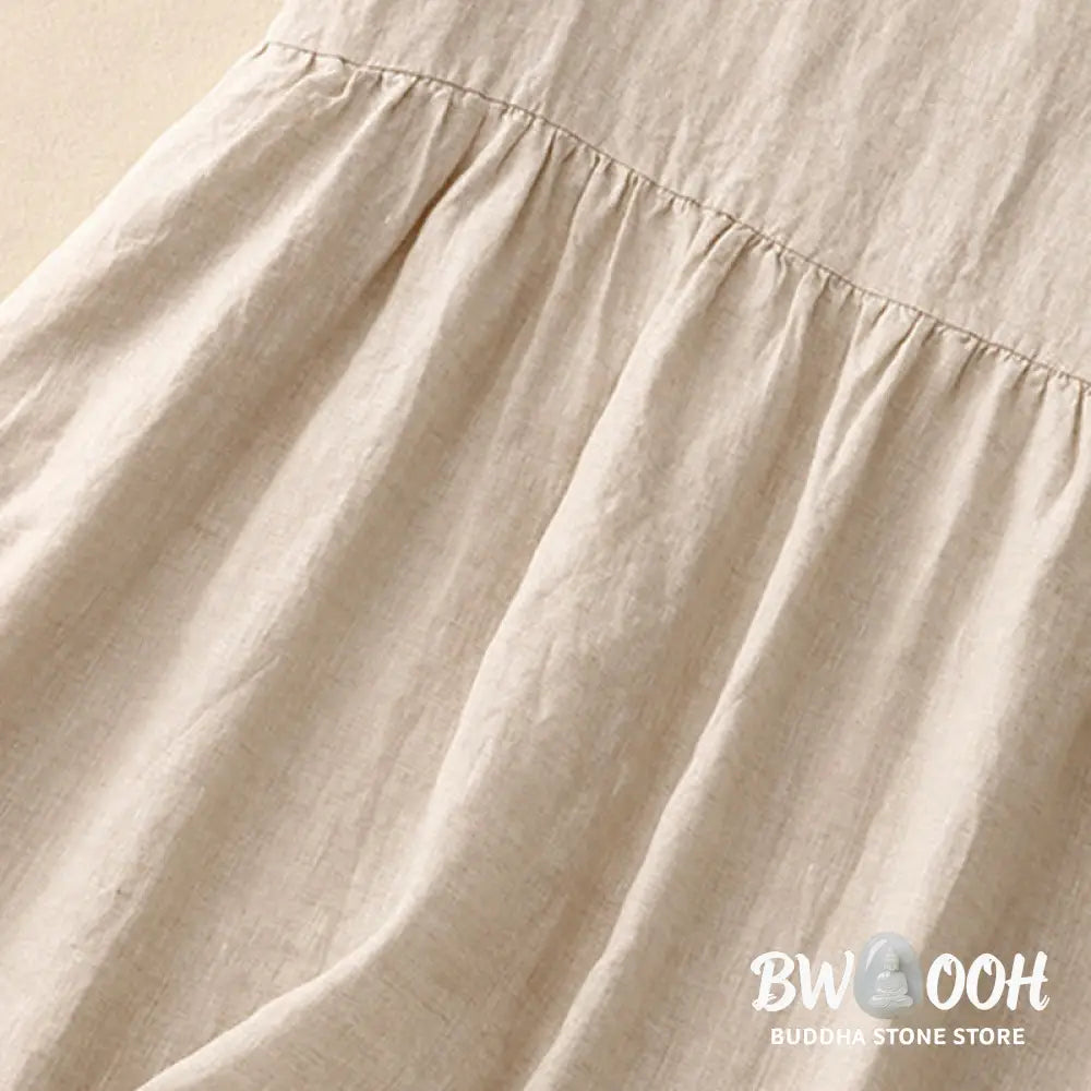 Buddha Stones Casual Artistic Solid Color Simple Design High Waist Short Sleeve Cotton Linen Midi Dress With Pockets