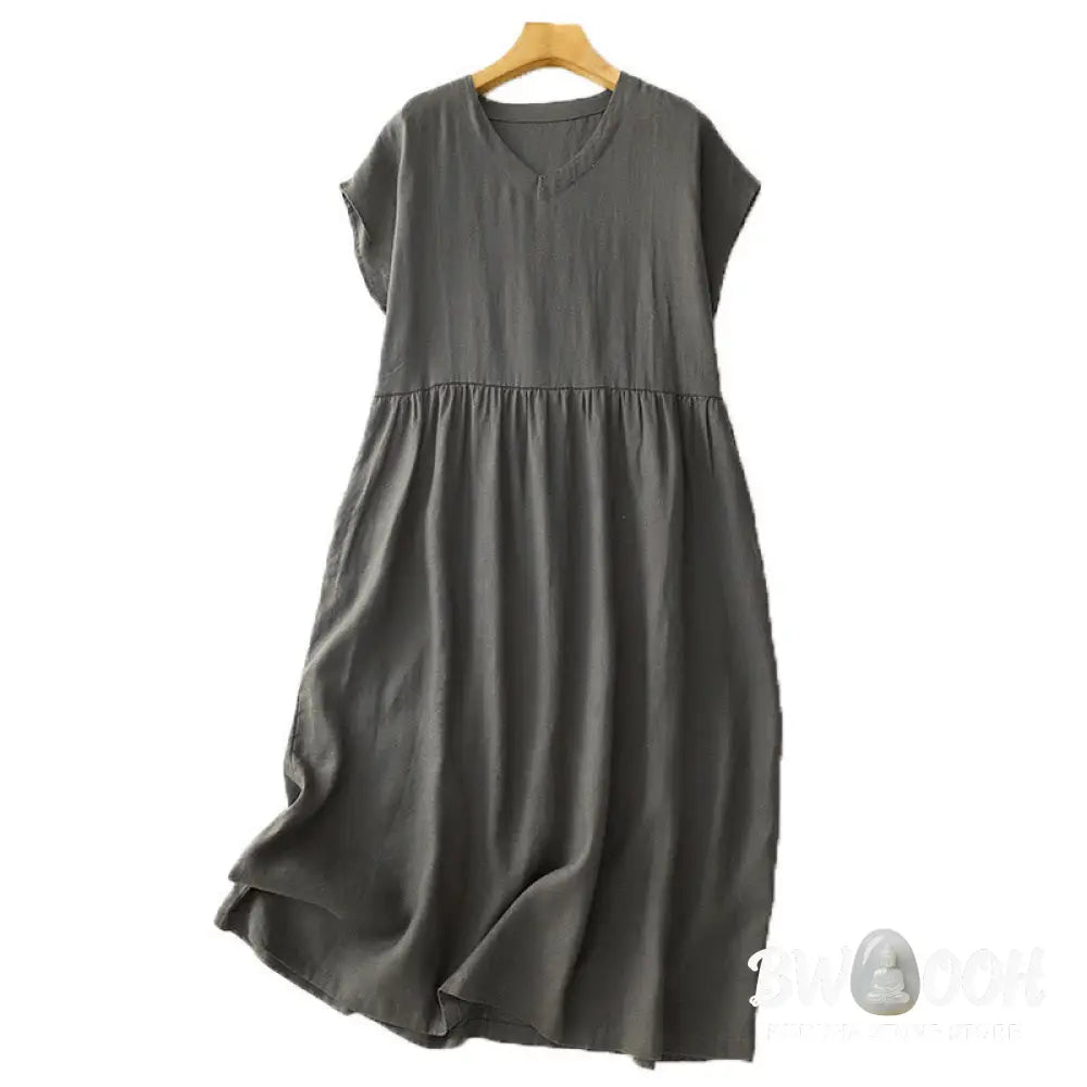 Buddha Stones Casual Artistic Solid Color Simple Design High Waist Short Sleeve Cotton Linen Midi Dress With Pockets