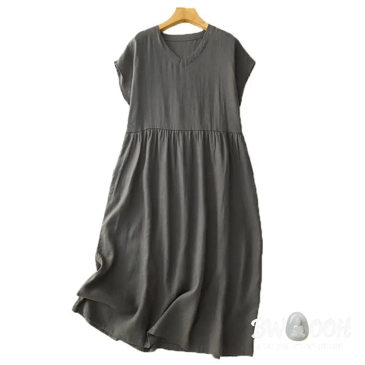 Buddha Stones Casual Artistic Solid Color Simple Design High Waist Short Sleeve Cotton Linen Midi Dress With Pockets