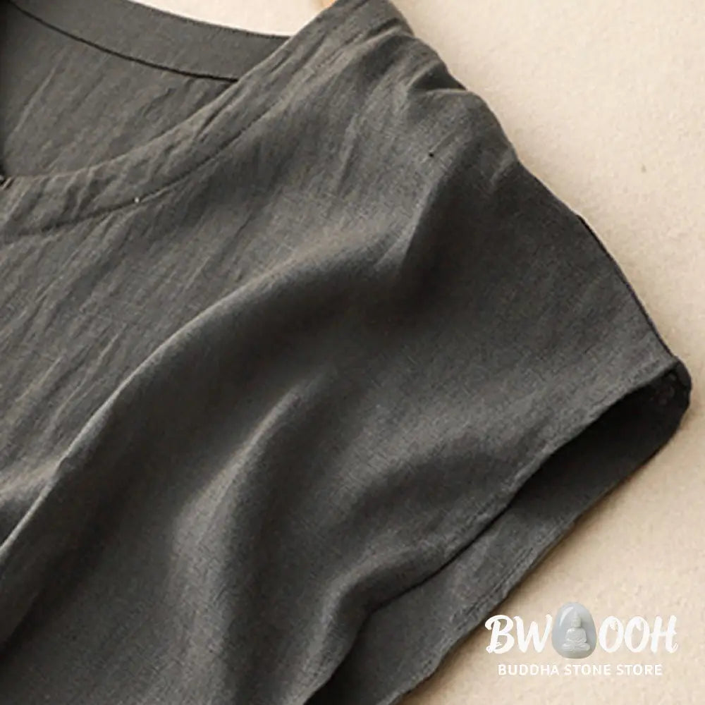 Buddha Stones Casual Artistic Solid Color Simple Design High Waist Short Sleeve Cotton Linen Midi Dress With Pockets