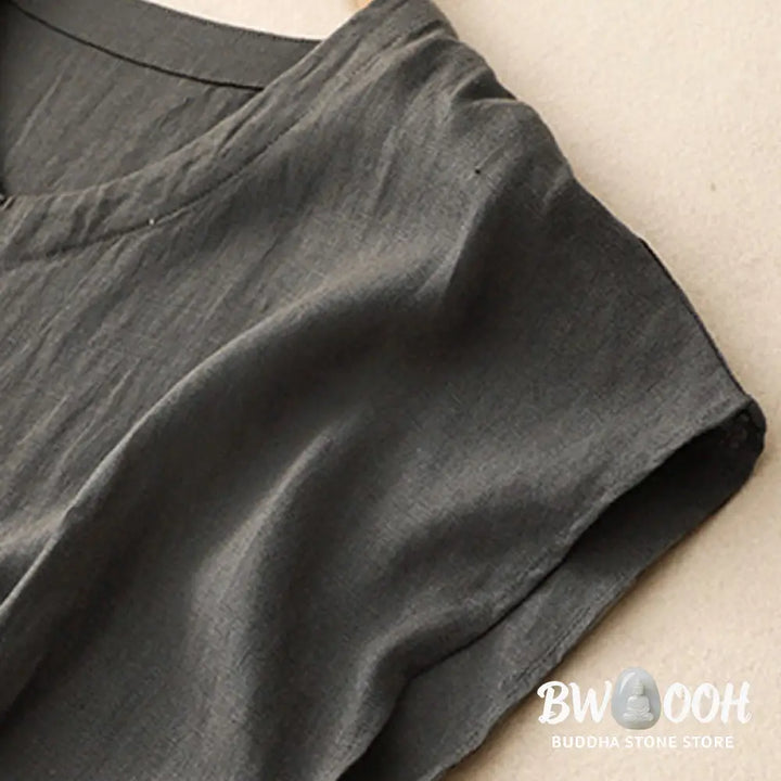 Buddha Stones Casual Artistic Solid Color Simple Design High Waist Short Sleeve Cotton Linen Midi Dress With Pockets