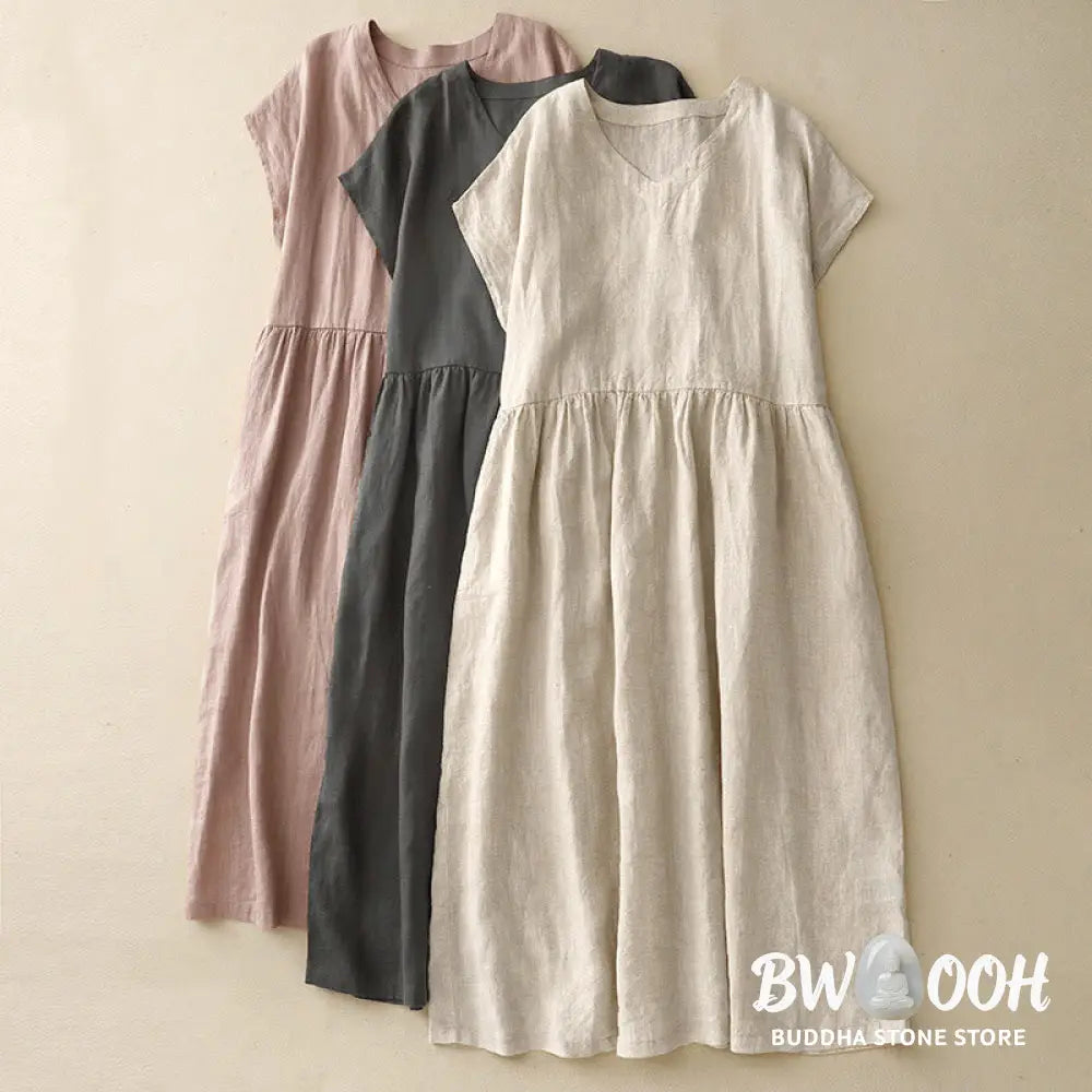 Buddha Stones Casual Artistic Solid Color Simple Design High Waist Short Sleeve Cotton Linen Midi Dress With Pockets