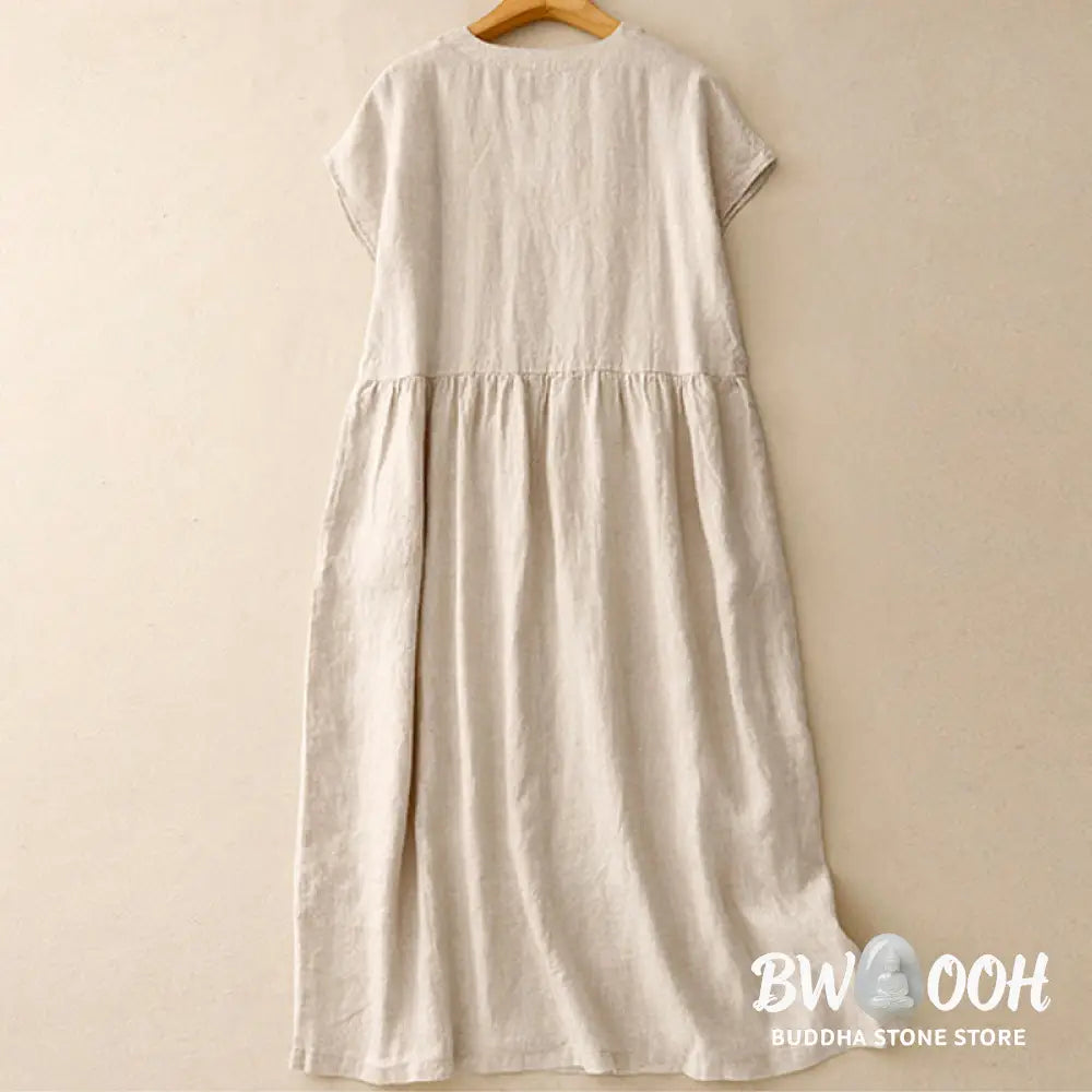 Buddha Stones Casual Artistic Solid Color Simple Design High Waist Short Sleeve Cotton Linen Midi Dress With Pockets